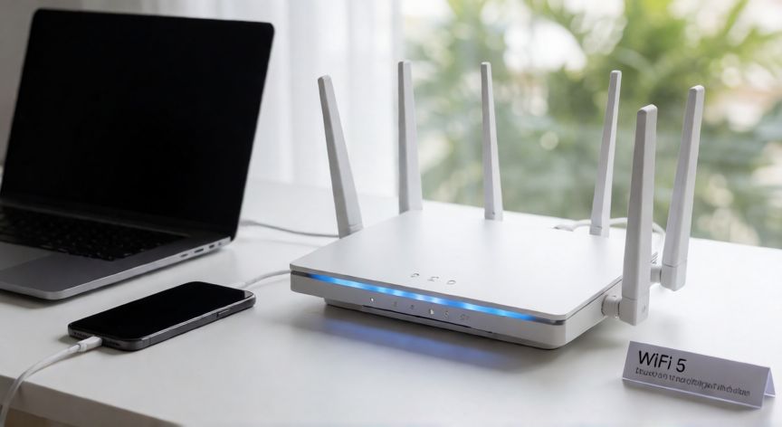 que significa tecnología wifi 5, Router doméstico con tecnología WiFi 5 junto a un portátil y un móvil conectados