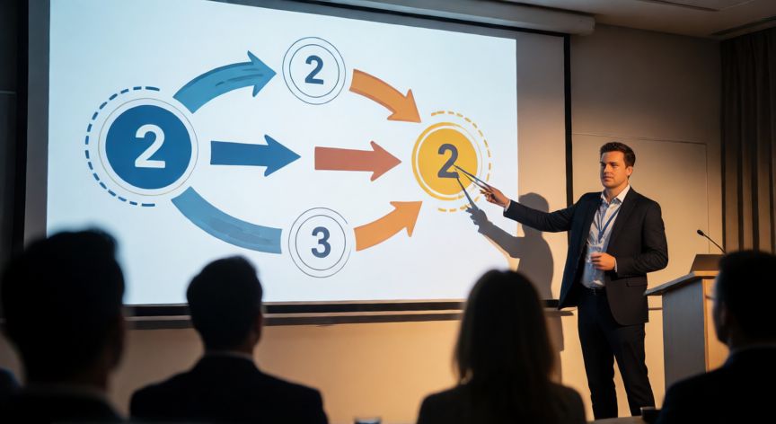 que son animaciones en powerpoint y para que se utilizan, Presentador en sala de conferencias mostrando una diapositiva con animaciones secuenciales a un público