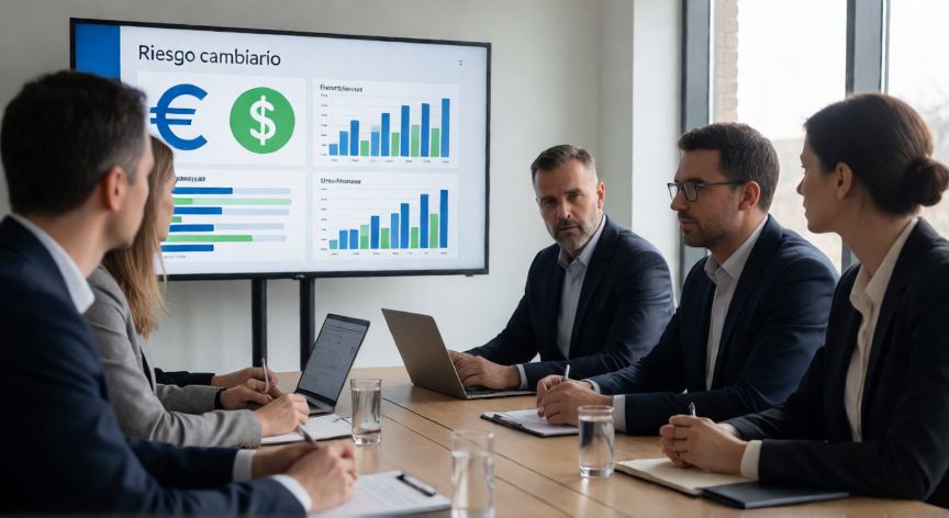 que son coberturas cambiarias, Equipo financiero revisando informes de riesgo cambiario en una sala de reuniones