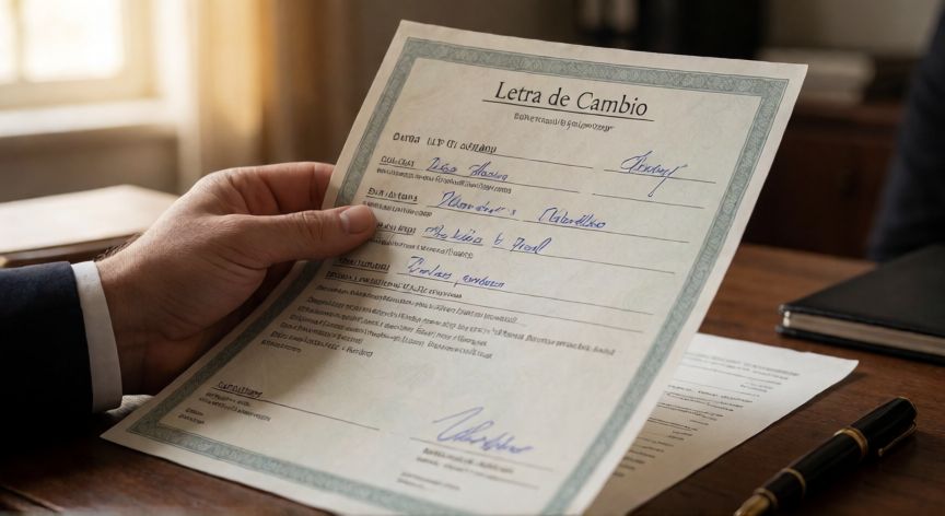 que son facturas cambiarias, Documento físico de factura cambiaria sobre escritorio de oficina con pluma estilográfica