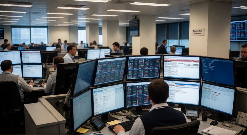 que son fluctuaciones cambiarias, Sala de operaciones de mercado de divisas con monitores y personal financiero