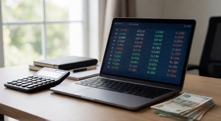 que son ganancias cambiarias, Mesa de trabajo contable con laptop mostrando tipos de cambio, calculadora y moneda extranjera