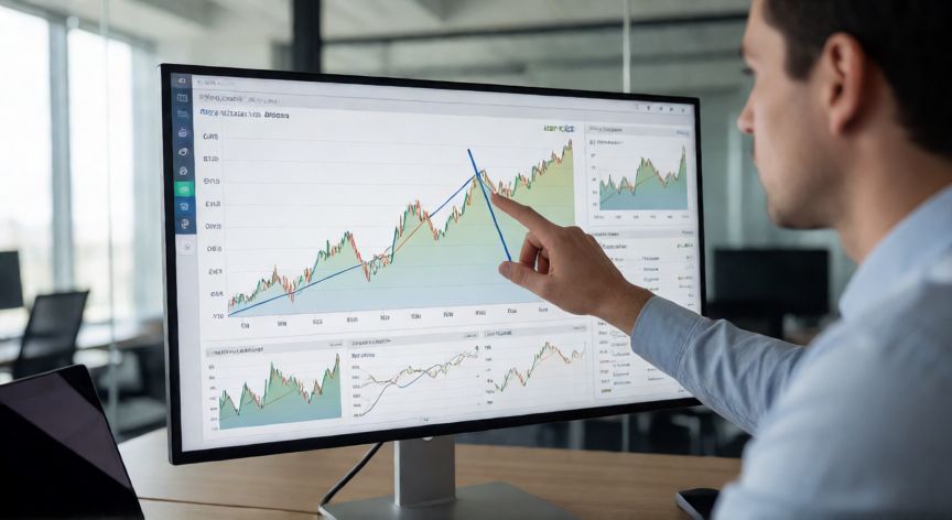 que son ganancias cambiarias, Analista revisando gráficos de tipos de cambio en una oficina financiera