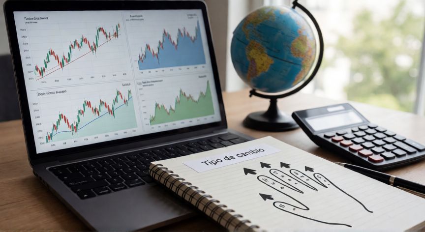 que son las variaciones cambiarias, Escritorio financiero con gráficos de tipo de cambio, calculadora y mapa mundial.