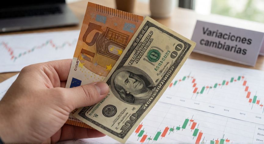 que son las variaciones cambiarias, Manos sosteniendo billetes de euro y dólar sobre un escritorio con gráficos financieros.