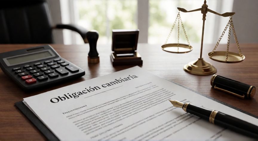 que son obligaciones cambiarias, Documento de obligación cambiaria sobre un escritorio con pluma, sello y balanza