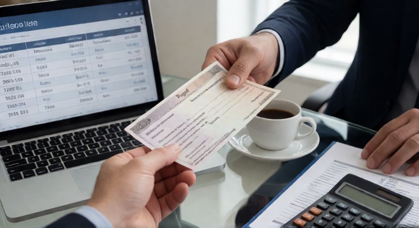 que son obligaciones cambiarias, Entrega de un pagaré en una mesa de oficina con herramientas de cálculo y planificación financiera