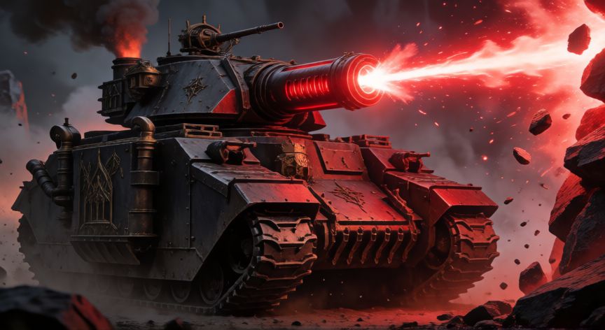 Tanque pesado de la Hermandad de Acero disparando un cañón melta
