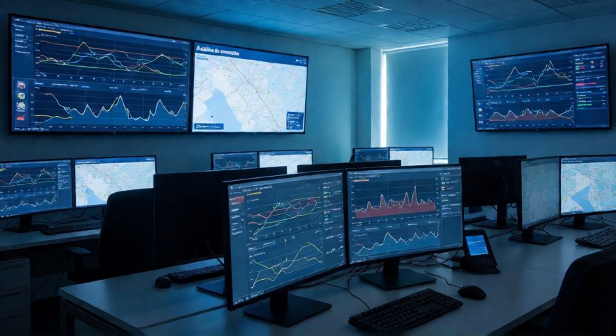 qué tecnología ayuda en la ciberseguridad, Centro de operaciones de ciberseguridad con pantallas de monitoreo y análisis de amenazas