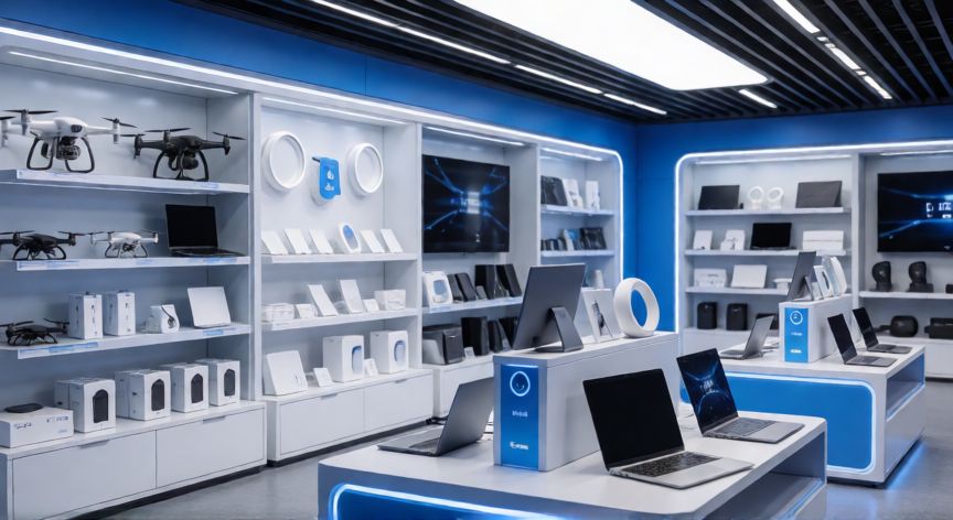 Interior de una tienda de electrónica moderna en China repleta de gadgets y drones