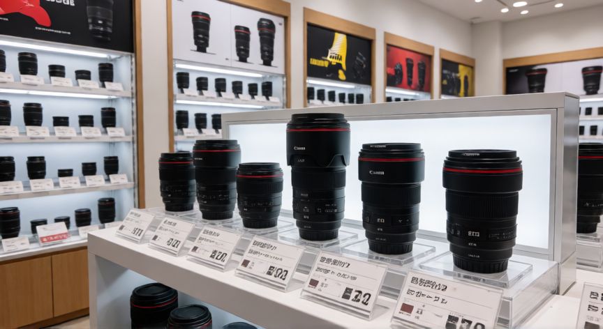 Expositor de objetivos de cámara en tienda de electrónica japonesa