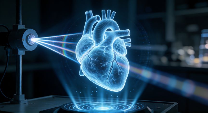 qué tecnología crea imágenes 3d utilizando luz, pantalla holográfica mostrando imagen 3D de un corazón humano con luz azul