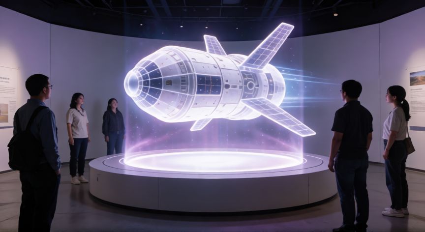 qué tecnología crea imágenes 3d utilizando luz, instalación volumétrica con holograma 3D de una nave espacial en un museo
