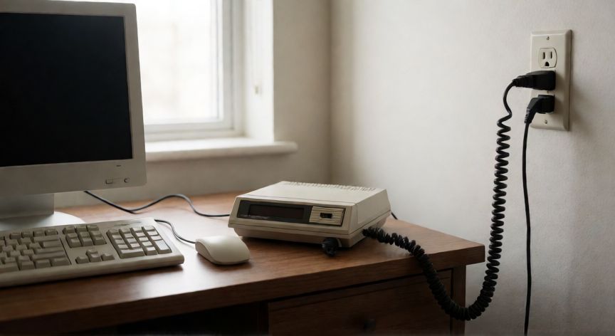 que tecnologia de acceso wan publico utiliza lineas telefonicas, Módem dial-up conectado a un ordenador y a una toma de teléfono para acceso WAN público