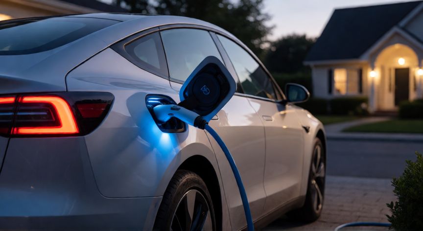 que tecnologia de coche comprar, Coche eléctrico cargando en el garaje de una vivienda familiar