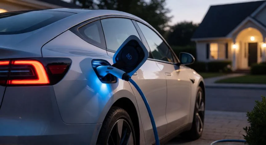 Coche eléctrico cargando en el garaje de una vivienda familiar