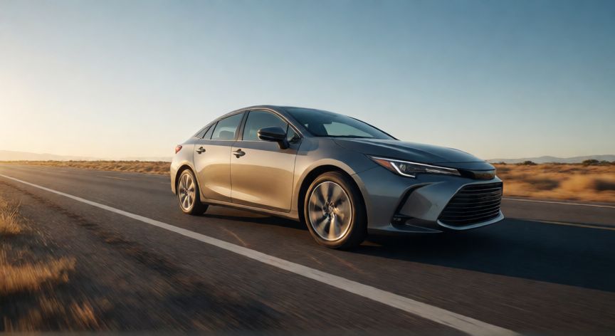 que tecnologia de coche comprar, Coche híbrido conduciendo por una carretera de montaña al atardecer