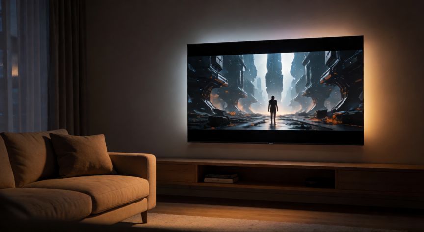 que tecnologia de pantalla de tv es mejor, Sala de estar moderna con televisor OLED de gran tamaño mostrando una escena cinematográfica en penumbra