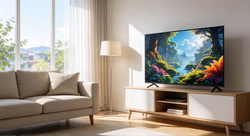 que tecnologia de pantalla de tv es mejor, Televisión mini-LED en una sala luminosa por la luz del día mostrando una escena natural en colores vivos
