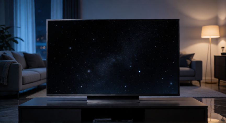 que tecnología de pantalla es mejor, Televisor OLED en sala oscura mostrando escena espacial con negros profundos y estrellas brillantes