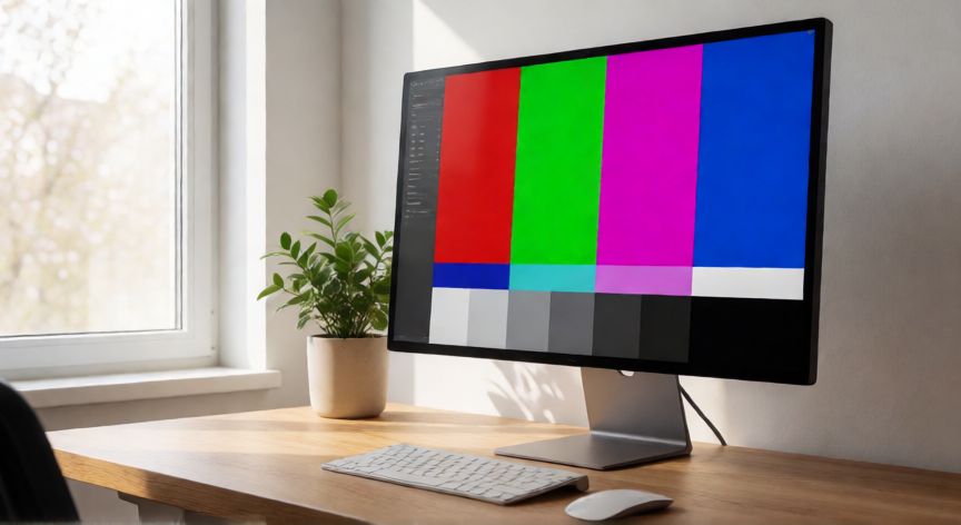 que tecnología de pantalla es mejor, Monitor de escritorio en oficina luminosa con imagen de calibración de colores y luz natural