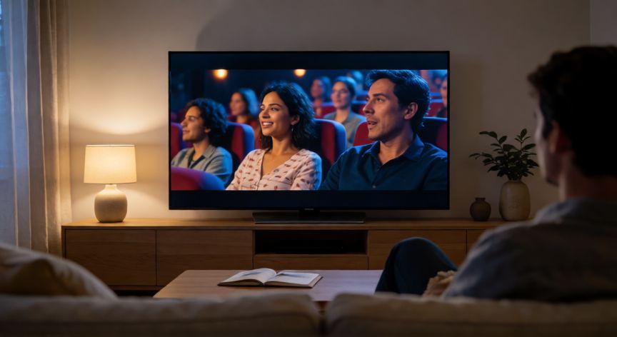 que tecnologia de smart tv es mejor, Salón oscuro con un Smart TV OLED mostrando escena de cine