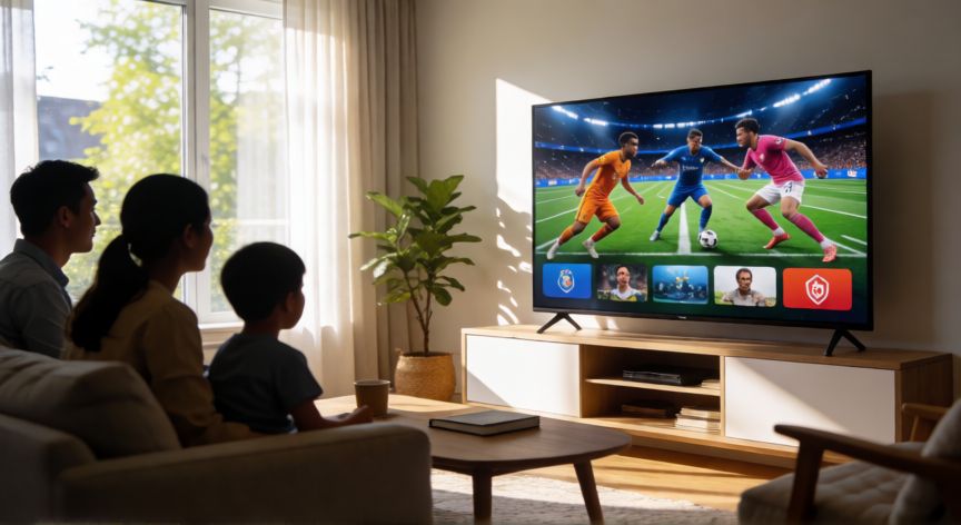 que tecnologia de smart tv es mejor, Salón iluminado con Smart TV QLED mostrando un partido deportivo