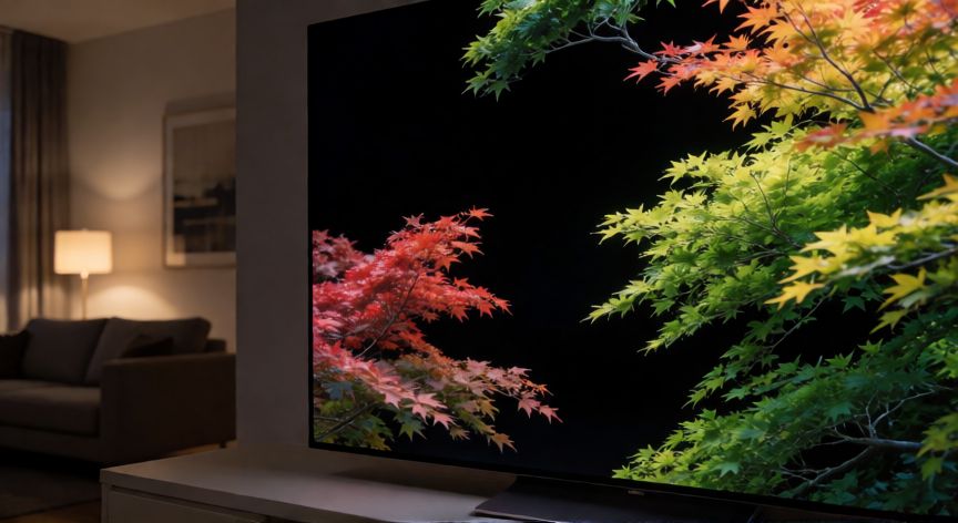Pantalla de televisión OLED mostrando colores vibrantes y negros profundos en un salón moderno