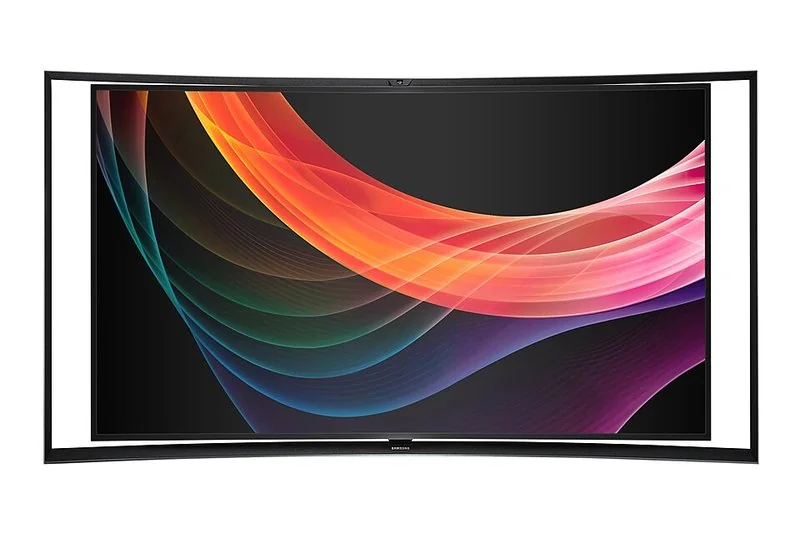 que tecnologia de tv es mejor 2026, Televisor Samsung OLED curvo con ondas de color sobre fondo negro y contraste infinito