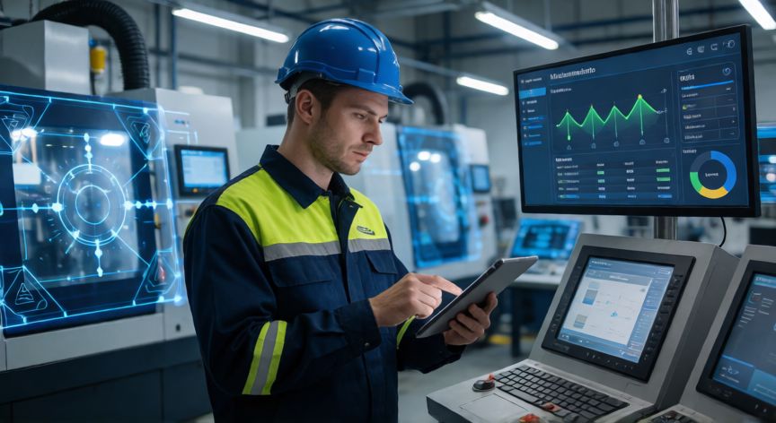 que tecnología elimina los costos de mantenimiento, Técnico industrial revisando sensores IoT y análisis predictivo en una fábrica