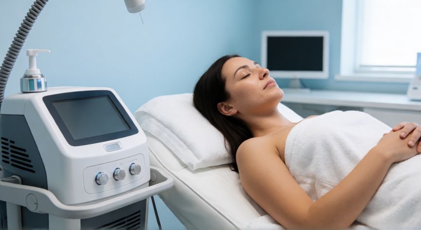 que tecnologia es el morpheus 8, Mujer en clínica estética recibiendo tratamiento con tecnología Morpheus8