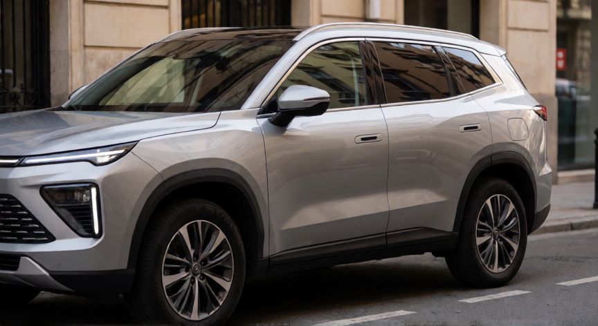 que tecnologia es jetour, Jetour SUV moderno con tecnología visible y diseño familiar en una calle urbana