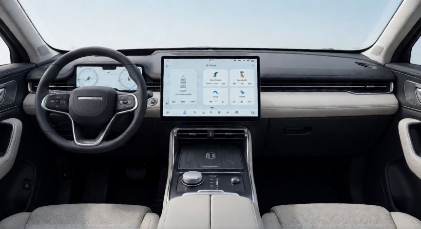 que tecnologia es jetour, Interior tecnológico de un Jetour con pantalla central y cuadro digital