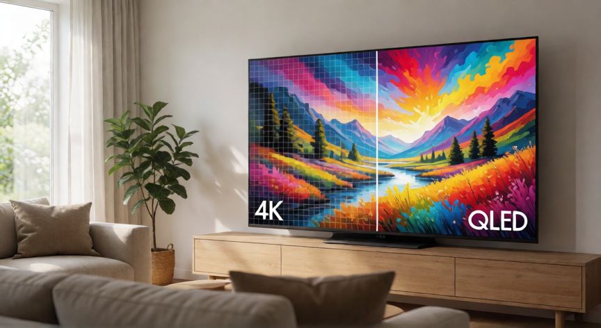 que tecnologia es mejor 4k o qled, Televisión moderna comparando resolución 4K y tecnología QLED en una sala de estar