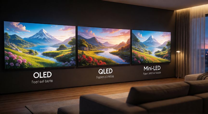 que tecnologia es mejor en pantallas, Comparación realista de tecnologías de pantallas OLED, QLED y Mini-LED en un salón moderno