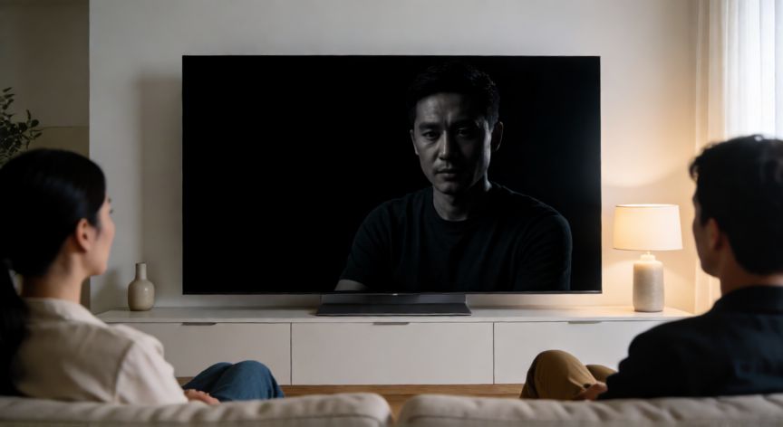 que tecnología es mejor en tv, Televisión OLED de gama alta en un salón moderno con escenas oscuras y buen contraste