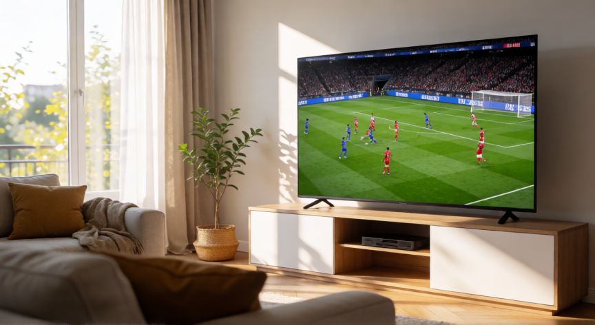 que tecnología es mejor en tv, Televisión Mini LED o QLED en un salón luminoso mostrando deporte con colores vibrantes