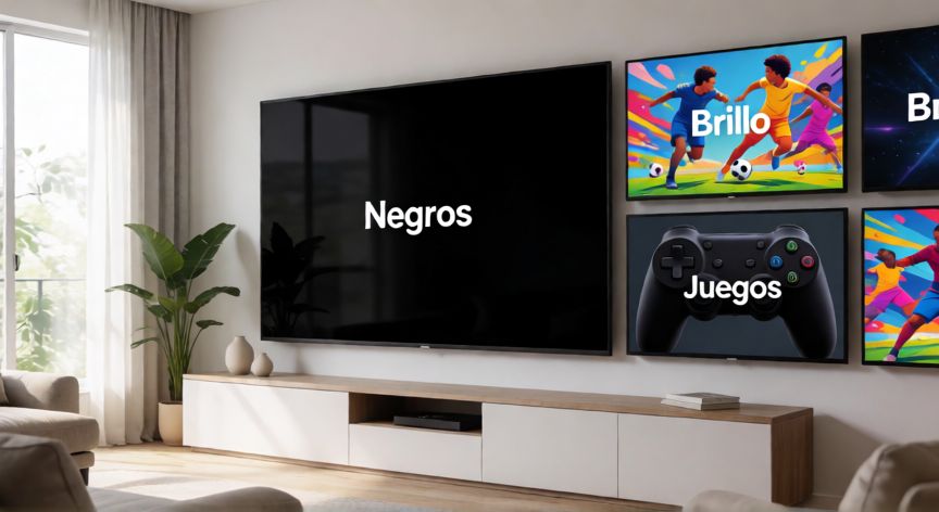 que tecnologia es mejor para tv, Comparativa de tecnologías de TV en un salón moderno con paneles de imagen, deporte y juegos