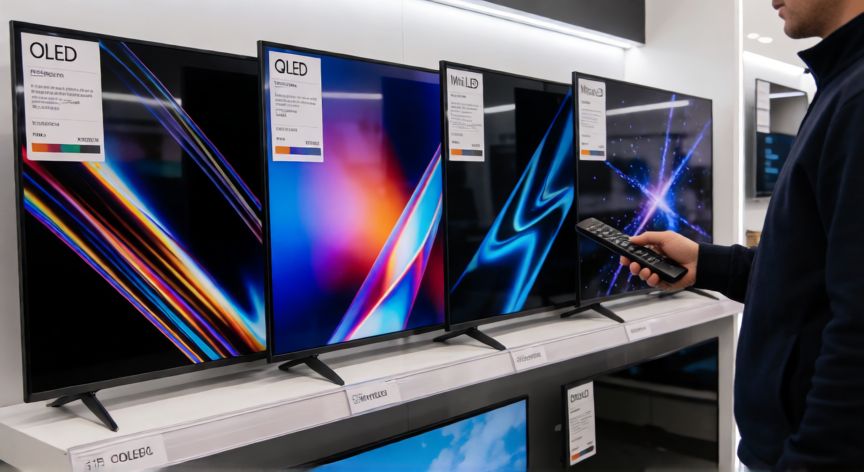 que tecnologia es mejor para tv, Persona comparando televisores OLED, QLED, Mini LED y MicroLED en una tienda de electrónica