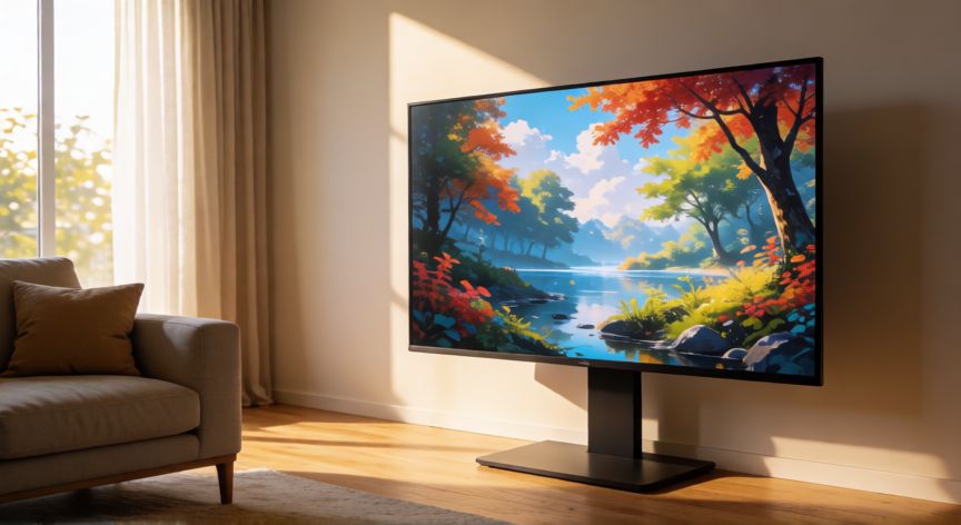 que tecnologia es mejor qled o crystal uhd, Televisor grande en un salón moderno mostrando una escena de alta calidad