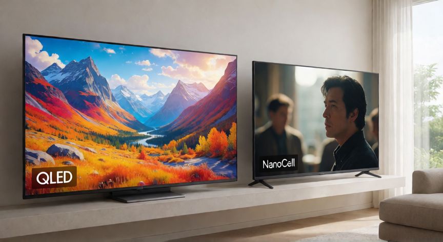 que tecnologia es mejor qled o nanocell, Comparación visual de televisores QLED y NanoCell en una sala de estar moderna
