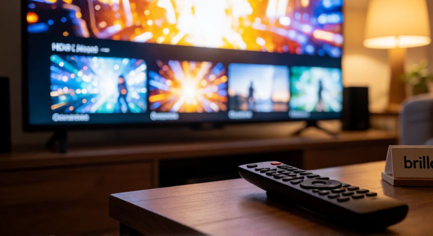 que tecnologia es mejor qled o nanocell, Detalle de pantalla de televisión con colores vivos y brillos HDR en un salón