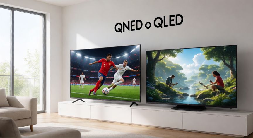 que tecnologia es mejor qned o qled, Comparativa de televisores QNED y QLED en un salón luminoso