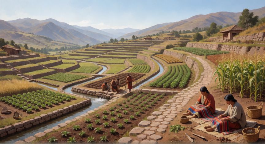 que tecnologia existia cuando se descubrio america, Paisaje prehispánico con terrazas agrícolas, canales y tejidos americanos