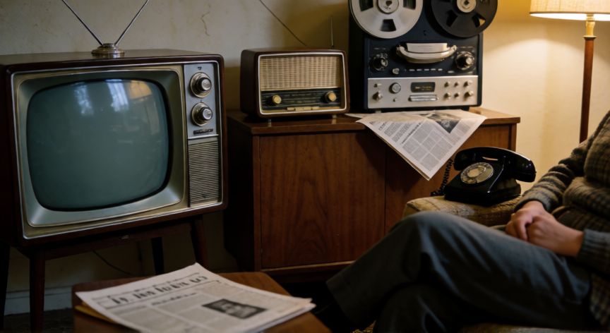 que tecnologia habia en los años 60, Tecnología doméstica de los años 60 con televisión, radio transistor y teléfono de botón giratorio