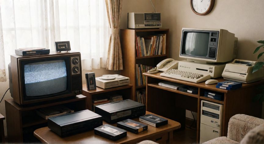 que tecnologia habia en los años 80, Sala de los años 80 con televisión CRT, reproductor VHS, walkman de casete, CD y computadora personal