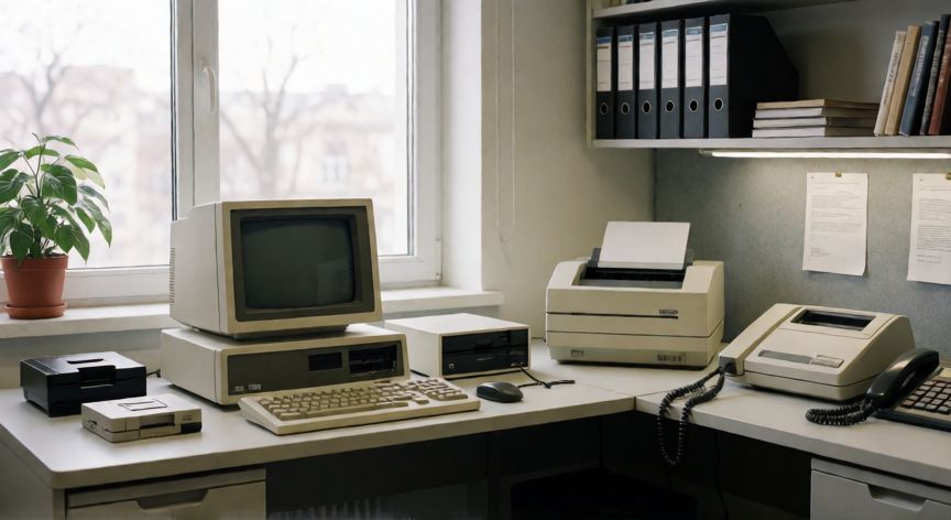que tecnologia habia en los años 80, Oficina de los años 80 con computadora de sobremesa, impresora de matriz de puntos, fax, teléfono fijo y disquetes