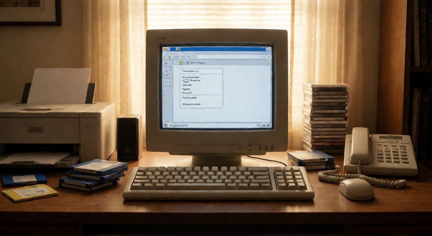 que tecnologia habia en los años 90, Escritorio de oficina en los años 90 con monitor CRT, módem, disquetes y CD