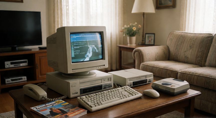 que tecnologia habia en los años 90, Salón de los años 90 con ordenador doméstico, reproductor de CD, videojuegos y revista de tecnología