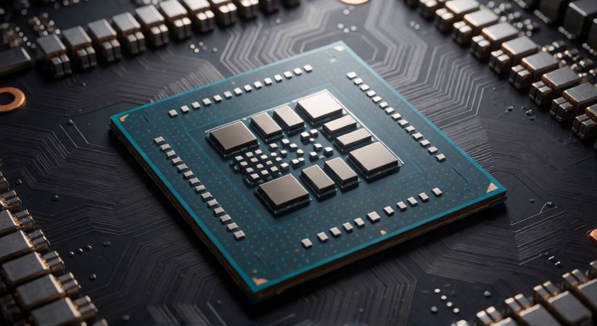 que tecnologia han usado cada una de las generaciones de los procesadores de intel, Fotografía macro realista de un procesador Intel con detalles del silicio y circuitos